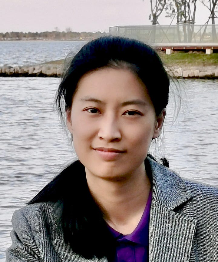 Two photos – on the left, a photo of a person looking at the camera and smiling slightly. On the right, two people smiling in a lab. 