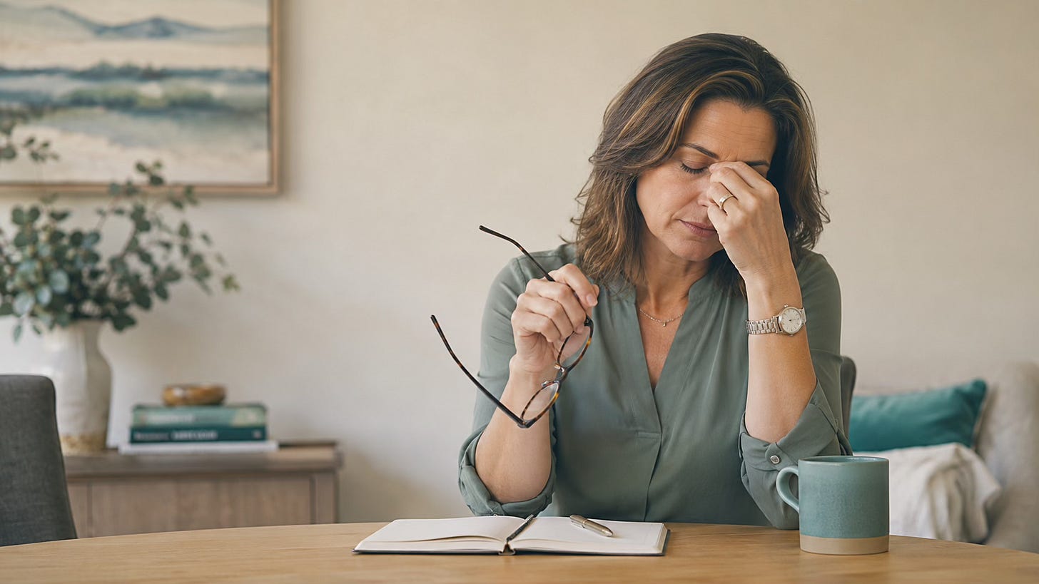 Midlife woman seated at a table, holding her glasses and pausing with her eyes closed, suggesting hidden strain behind a calm exterior.
