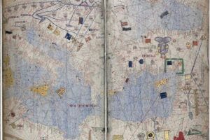 Atlas from the fourteenth century, attributed to Abraham Cresques. Via Wikimedia Commons. Created as a gift for King Charles V of France in 1380, the atlas offers a detailed view of the known world from the Atlantic to China. The highlighted section depicts the Eastern Mediterranean and the Black Sea. Major port cities that anchored the long-distance grain trade, including Genoa, Venice, Messina, Caffa, and Tana, are prominently marked with flags to emphasize their strategic economic importance.