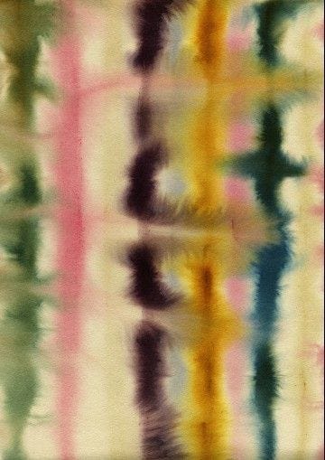 This may contain: an abstract painting with multiple colors and lines on it's surface, showing the reflection of trees in the water