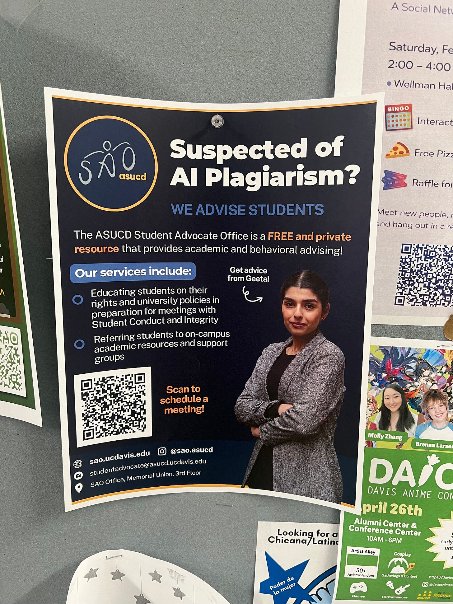 A poster that says "Suspected of AI Plagiarism" and offers advisory services for those students. A poster that says "Suspected of AI Plagiarism" and offers advisory services for those students.