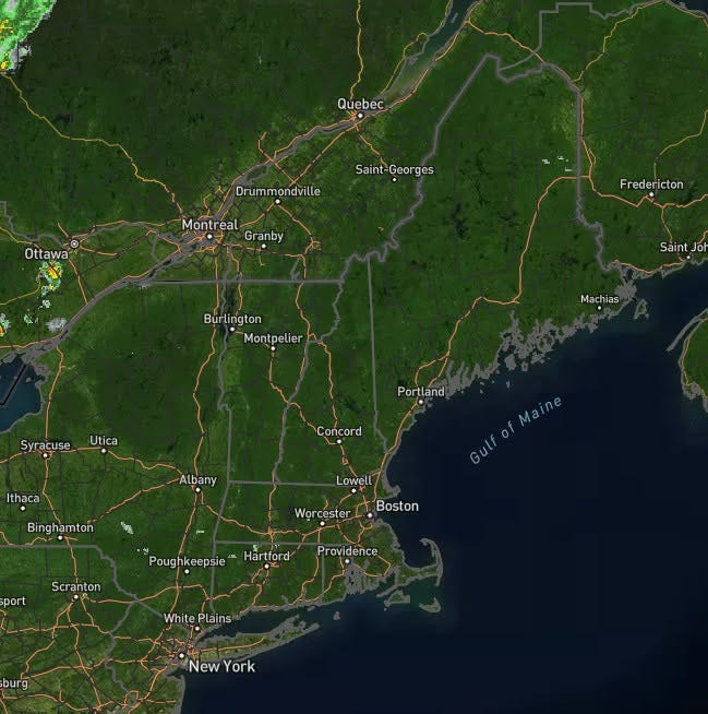 May be an image of map and text that says 'Quebec Sair Saint- -Geor Geo ges Drummondville Ottawa Montreal Gr Granby Fredericton cton Freder Saint Joh Burlington Montpelier Machias as Mac Syracuse Utica Concord Ithaca Albany Binghamton Lowell Portland @uleiMane GulfofMaine Worcester Boston port Poughkeepsie Scranton Hartford Providence Whit WhitePlains Plains burg NewYork New York'