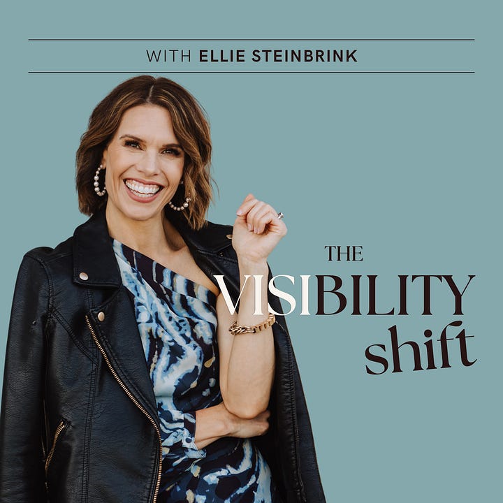 podcast cover images for the visibility shift with ellie steinbrink (blue background, woman with black leather jacket and blue and white dress smiling), copy and image with pink background and woman with curly hair wearing black tank top