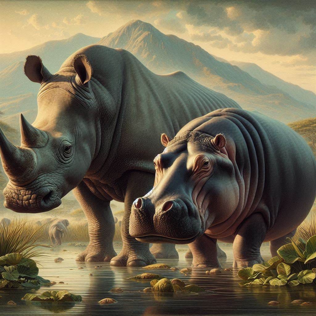 a rhino and a hippo in the style of audubon photorealistic