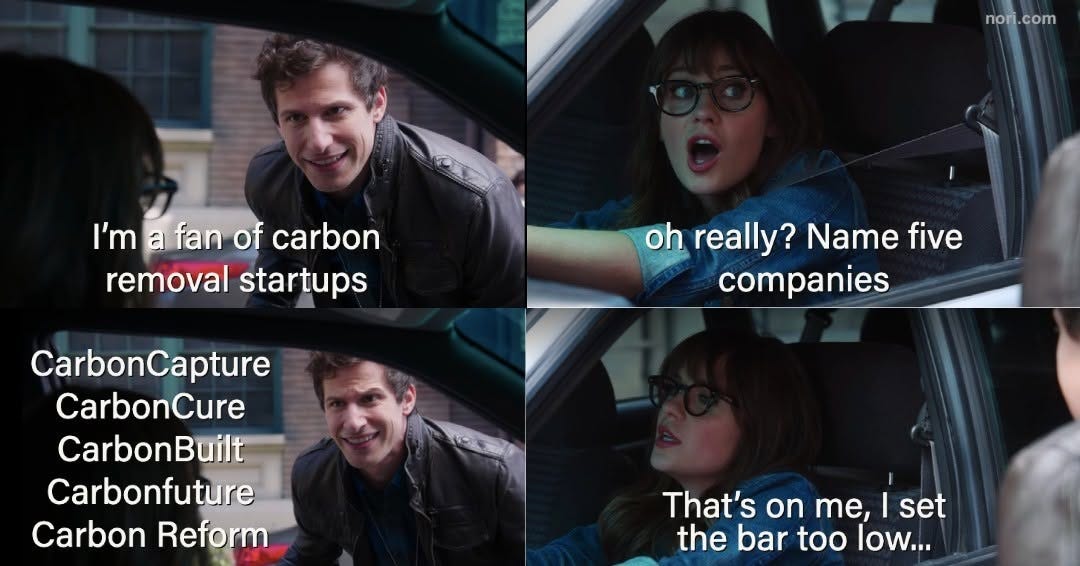 Four-panel car window meme. A man: "I'm a fan of carbon removal startups." A woman: "Oh really? Name five companies." Him: "CarbonCapture, CarbonCure, CarbonBuilt, Carbonfuture, Carbon Reform." Her: "That's on me, I set the bar too low..."