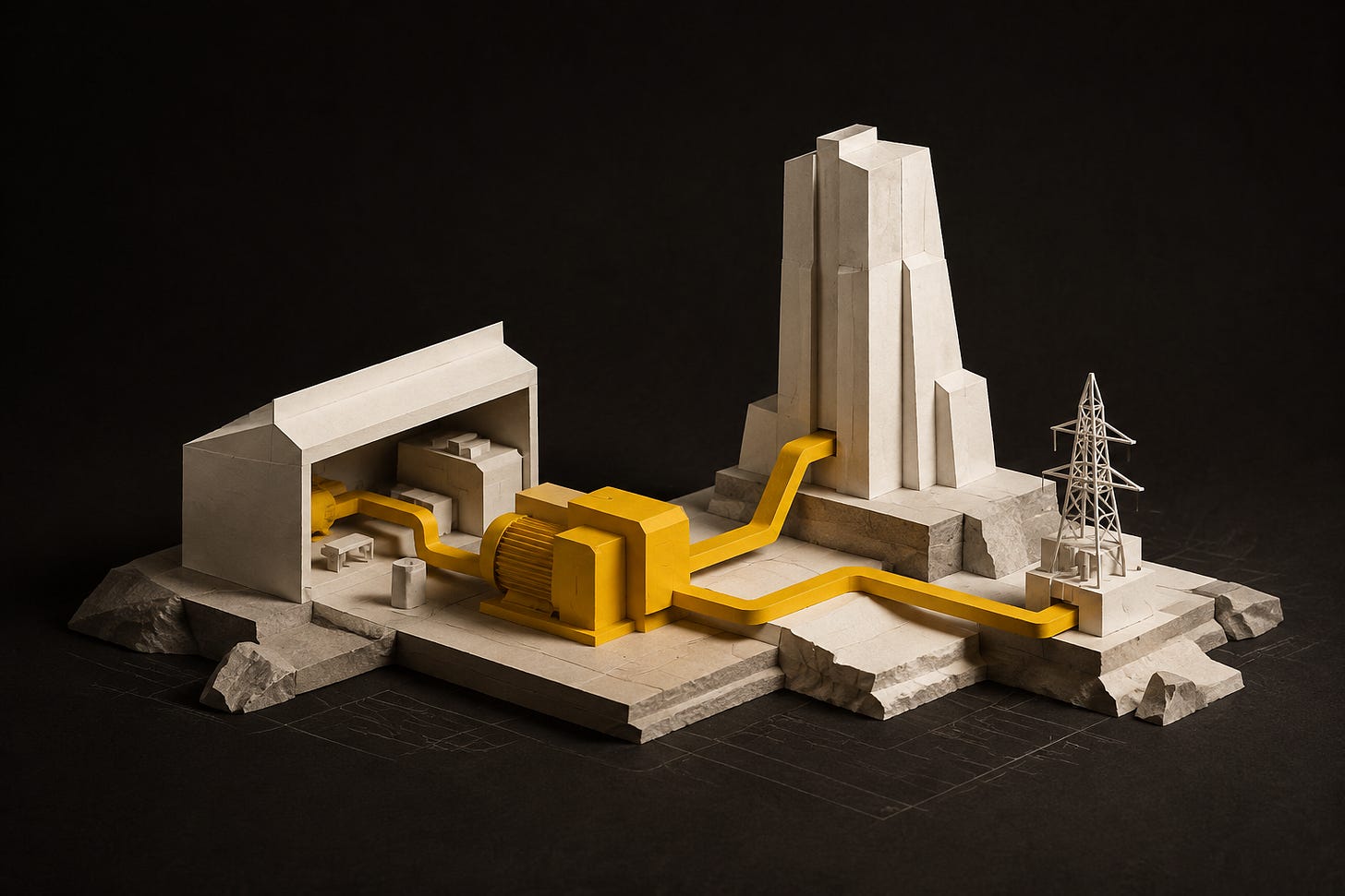 A yellow conduit connects a miniature industrial landscape of white paper and pale stone. A yellow conduit connects a miniature industrial landscape of white paper and pale stone.