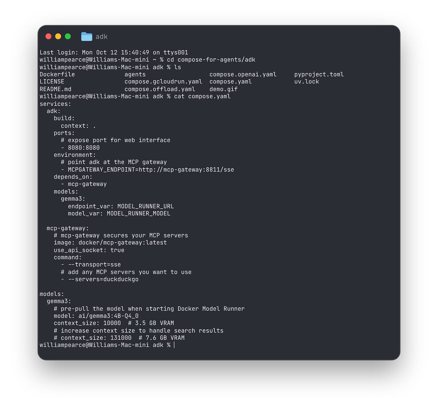 The adk folder and its compose.yaml file