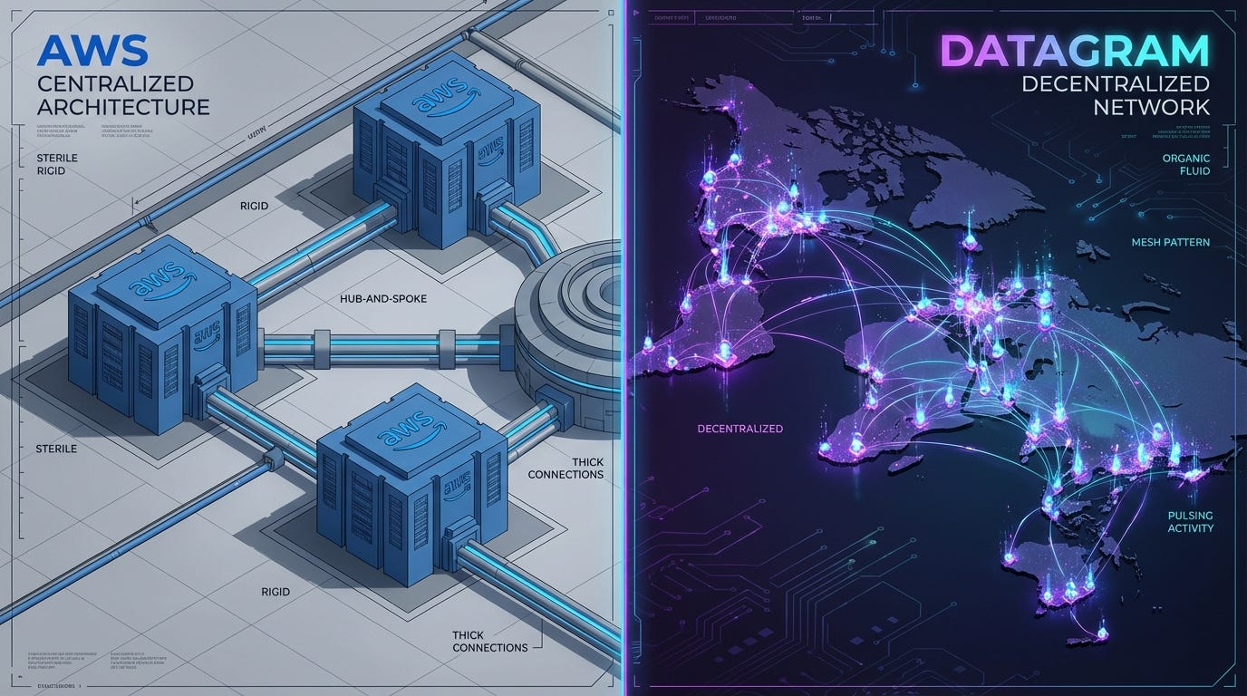 Architectural comparison showing AWS's centralized three-datacenter model versus Datagram's distributed network of thousands of independent nodes across global map