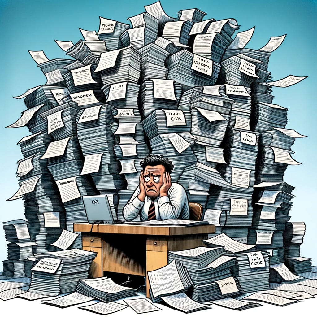 An accountant sitting in front of 75,000 pages of tax material and official guidance. He looks pretty upset.