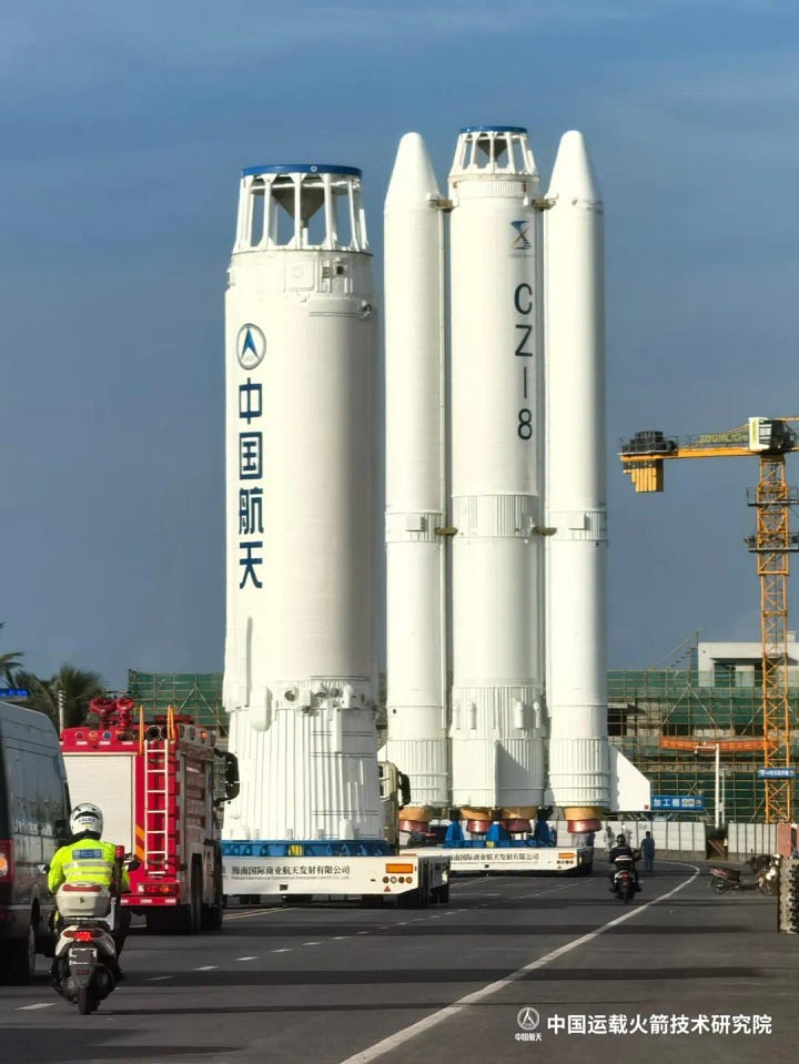The Long March 8's first and second stages being transported to Commercial Launch Pad 1, and being lifted onto it. | Image: China Academy of Launch Vehicle Technology / China Aerospace Science and Technology Corporation