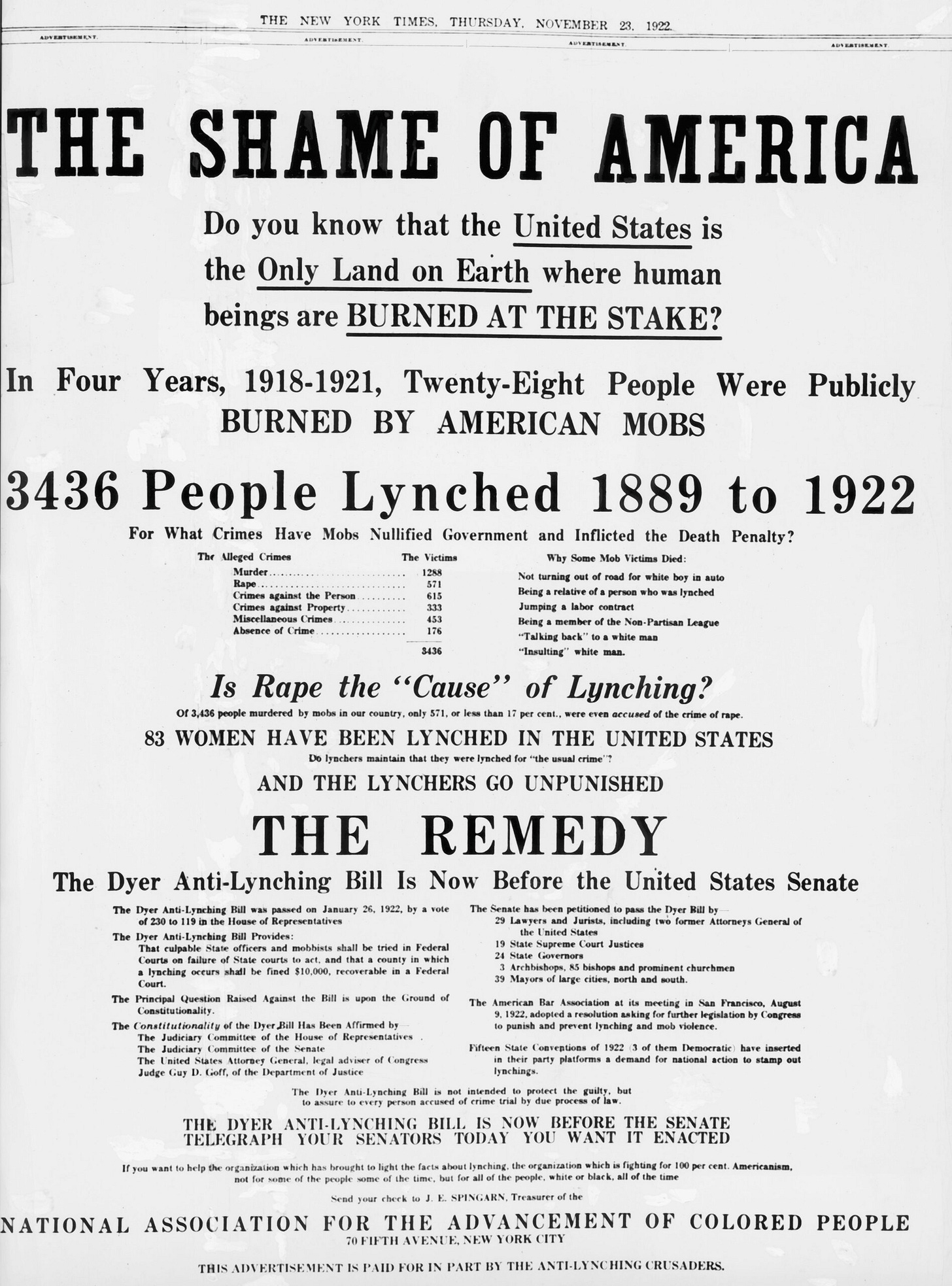 An advertisement for the Dyer Anti-Lynching Bill headlined “The Shame Of America,” sponsored by the NAACP and paid for In part by the Anti-Lynching Crusaders, was published In The New York Times on Nov. 23, 1922. (Fotosearch/Getty Images).