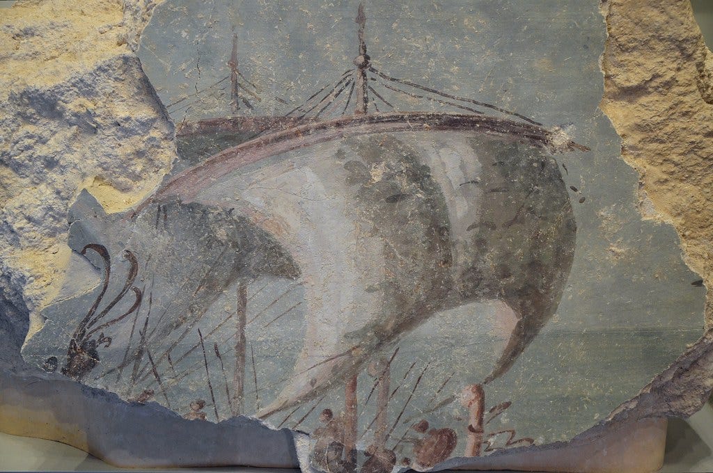 Wall painting from Herodium depicting a naval battle, it may represent the victory of Octavian at Actium, 20-15 BC, Israel Museum, Jerusalem Wall painting from Herodium depicting a naval battle, it may represent the victory of Octavian at Actium, 20-15 BC, Israel Museum, Jerusalem
