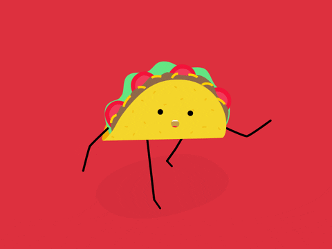 A cartoon taco is walking and smiling before tripping and spilling his contents, which he shoves back into his shell and keeps walking.