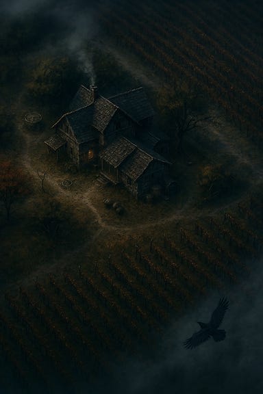 Overhead view of the Wizard of Wines winery in Barovia, surrounded by twisted vineyards, sagging rooftops, cracked barrels, and mist curling through rows of skeletal grapevines. The main building sits in a hollow, with a weathered roof, shuttered windows, and a small cottage nearby. Ravens circle above, storm clouds looming. Overhead view of the Wizard of Wines winery in Barovia, surrounded by twisted vineyards, sagging rooftops, cracked barrels, and mist curling through rows of skeletal grapevines. The main building sits in a hollow, with a weathered roof, shuttered windows, and a small cottage nearby. Ravens circle above, storm clouds looming.