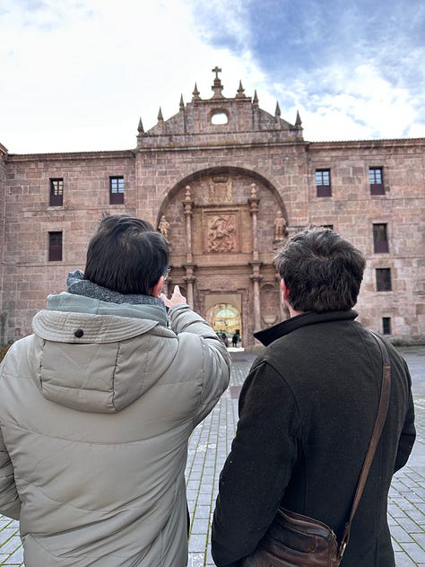 Monasterio de San Millán de la Cogolla, Ángel explaining something to Nick, plaques and replicas of the first first words written in the Castillan and Basque language (the originals are in the museum in Madrid).