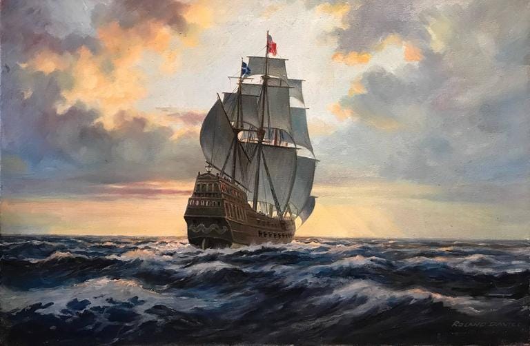 Roland Davies - Into the Golden West - Large Oil Painting Spanish Galleon at Sea at 1stDibs Roland Davies - Into the Golden West - Large Oil Painting Spanish Galleon at Sea at 1stDibs