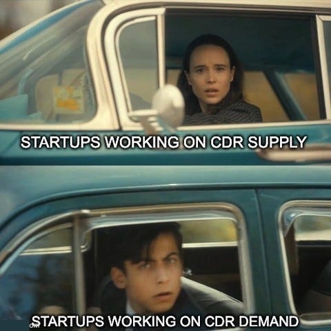 Two stills from The Umbrella Academy of people staring at each other from neighbouring cars. Top: "Startups working on CDR supply". Bottom: "Startups working on CDR demand".