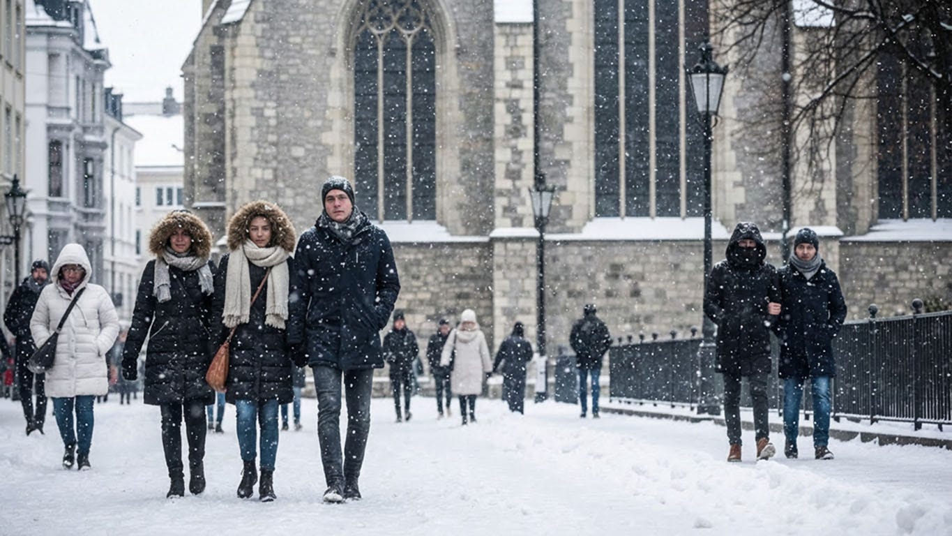 A winter street scene in Europe with people walking past each other without interaction under the shadow of an old stone church, symbolizing emotional restraint shaped by climate and religion.