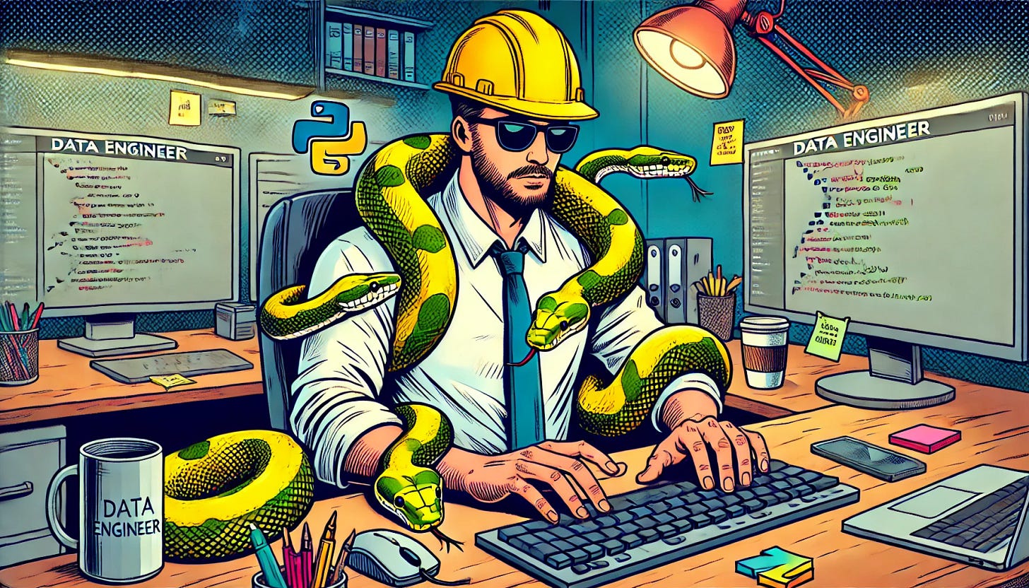 A comic book-style illustration of a data engineer in an office. The engineer is wearing a yellow safety helmet and dark sunglasses, sitting at a desk with a computer. He is confidently typing code with two python snakes wrapped gently around his arms, their heads looking curious. The scene is colorful and dynamic, with vibrant tones, bold dark lines, and a whimsical atmosphere. Office elements like monitors, coffee cups, and sticky notes are in the background. The character looks focused and cool, embodying a mix of tech and adventure.