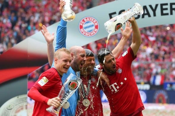 bayern munich win third bundesliga trophy 2015 images bayern munich win third bundesliga trophy 2015 images