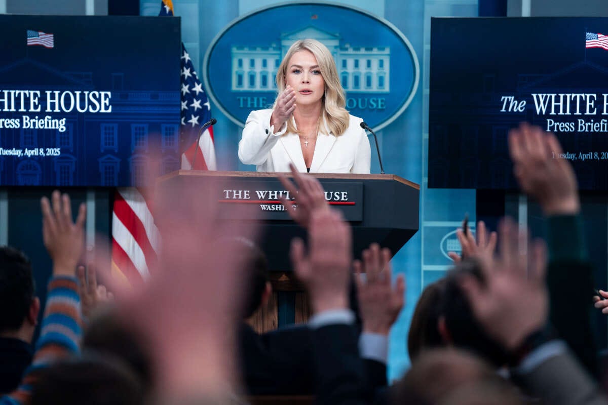 White House press secretary Karoline Leavitt speaks during a news briefing in the James Brady Press Briefing Room at the White House on April 8, 2025, in Washington, D.C.