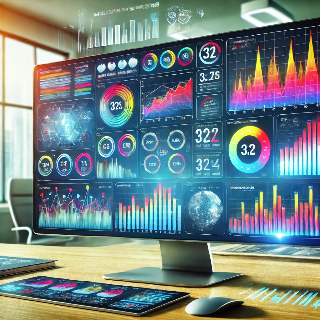 A vibrant and professional digital illustration of a modern business dashboard interface on a sleek monitor. The dashboard is filled with colorful and dynamic graphs, charts, and data widgets, showing metrics such as performance, trends, and KPIs. The setting includes a clean, minimalist office background with subtle lighting, emphasizing productivity and actionable insights. The visual style is clear and engaging, suitable for business and technology themes.