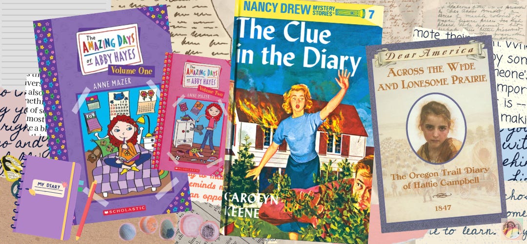 Collage of scraps of paper and 3 books: Amazing Days of Abby Hays volumes 1 & 2, Nancy Drew The Clue in the Dairy, and Across the Wide and Lonesome Prairie.
