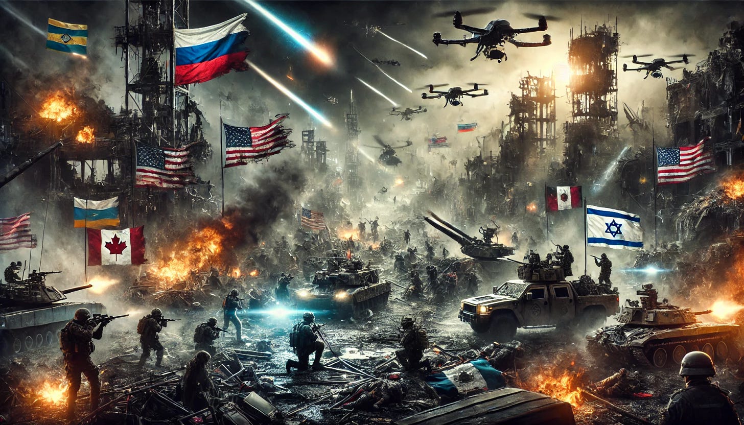 Image created with Dall-E-3. Prompt: A dark, gritty, and hyperreal war scene depicting a simultaneous US Civil War and a World War. The battlefield is filled with destruction, smoke, and fire as soldiers, AI-powered war machines, and drones engage in combat. Torn and tattered flags from the US, Russia, China, Israel, Ukraine, Canada, and Mexico wave amidst the chaos. Missiles streak across the sky, while damaged satellites crash down, symbolizing warfare over data networks and cyber conflicts. The "fog of war" obscures details, and lens flares cut through the haze, illuminating the grim expressions of fighters. The atmosphere is intense, with debris, dirt, and destruction filling the devastated cityscape. Image created with Dall-E-3. Prompt: A dark, gritty, and hyperreal war scene depicting a simultaneous US Civil War and a World War. The battlefield is filled with destruction, smoke, and fire as soldiers, AI-powered war machines, and drones engage in combat. Torn and tattered flags from the US, Russia, China, Israel, Ukraine, Canada, and Mexico wave amidst the chaos. Missiles streak across the sky, while damaged satellites crash down, symbolizing warfare over data networks and cyber conflicts. The "fog of war" obscures details, and lens flares cut through the haze, illuminating the grim expressions of fighters. The atmosphere is intense, with debris, dirt, and destruction filling the devastated cityscape.