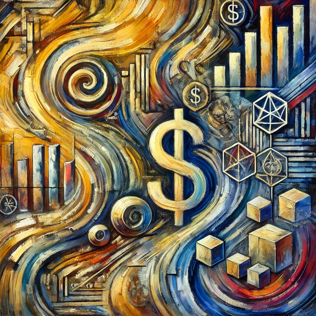 An abstract oil painting with thick, expressive brushstrokes depicting the essence of money, trade, and societal exchange. The painting features swirling golden hues representing the flow of wealth, contrasted with deep blues and purples symbolizing economic constraints. Hints of red and green suggest the tension between public and private money creation. The composition includes geometric shapes reflecting structured financial systems, interwoven with organic forms illustrating human interaction and trade. The overall effect is dynamic and textured, evoking a sense of both complexity and movement in the monetary system.