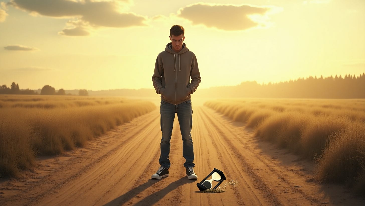 
Concept: A symbolic and melancholic depiction of a young person standing at a crossroads, with visual elements representing the passage of time and the weight of procrastination.

Central Focus: A young man (representing the narrator) standing in the middle of a dirt path that splits into two directions, symbolizing a choice or turning point in life. He’s dressed casually—jeans, a hoodie, sneakers—looking like a typical 23-year-old. His posture is slightly slouched, and he’s looking down at the ground, hands in his pockets, with a hesitant or distracted expression, reflecting his indecision and denial.
Details:At his feet, a small hourglass lies on its side in the dirt, with sand spilling out, symbolizing time slipping away. The hourglass is cracked, adding a sense of urgency and fragility.
Scattered around the path are faint, ghostly outlines of objects tied to the article’s examples: a toy car (for the child in the hospital), a crumpled newspaper (for the Eid accident), and a faded photograph of a young woman (for the old lady’s past beauty). These elements are subtle, almost blending into the ground, representing the lessons the narrator ignores.
Background: The path stretches into a hazy, golden landscape—fields or a forest in the distance—bathed in the light of either dawn or dusk, suggesting a transitional moment in time. The sky above is partly cloudy, with one cloud faintly shaped like a clock, reinforcing the theme of time passing.
Lighting: The scene is lit with a 