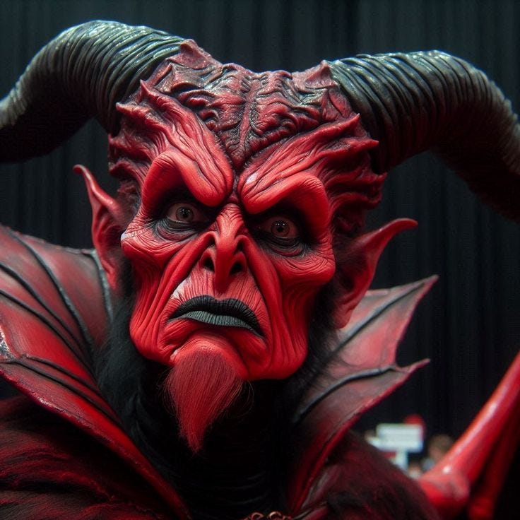 This may contain: a red demon with horns and big eyes