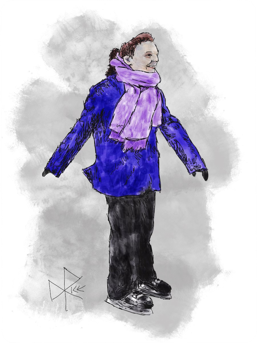 A recreational skater, smiling broadly, enjoys the self-propelled locomotion that (with enough practice and ability) can be achieved on ice. Sketch art by Don Rice. A recreational skater, smiling broadly, enjoys the self-propelled locomotion that (with enough practice and ability) can be achieved on ice. Sketch art by Don Rice.