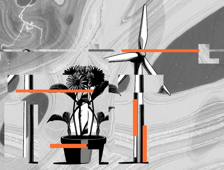 A glitchy wind turbine and a flowering plant in a pot