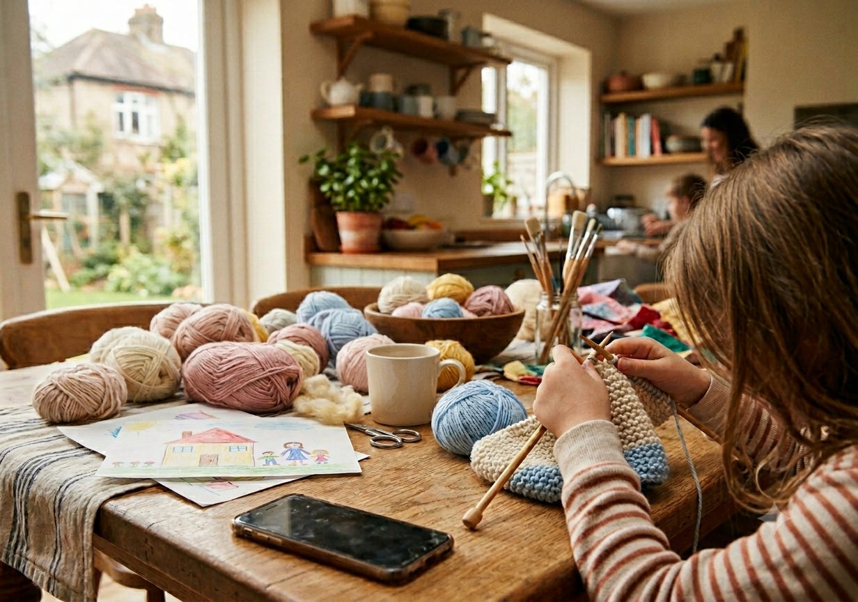 child sitting at kitchen table knitting