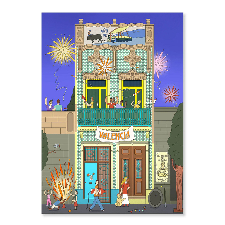 postales por diego blanco de gente celebrando las fallas en edificios del barrio del cabanyal de valencia