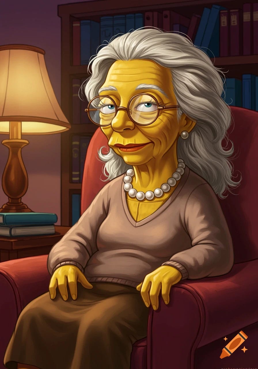 A cartoon old woman with yellow skin, grey hair, glasses, and a pearl necklace sits in a red armchair in a room with a bookshelf and lamp.