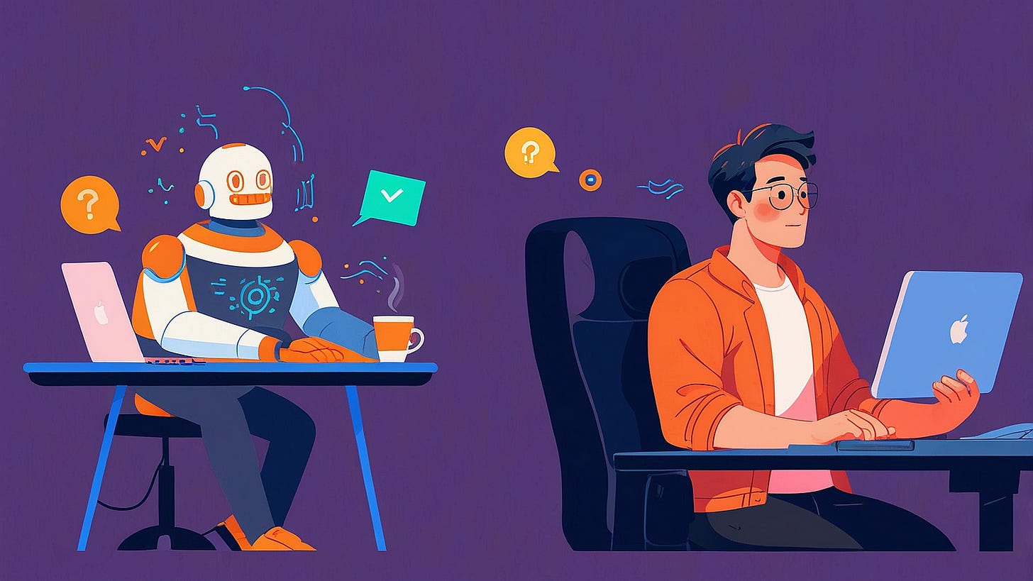 A bot and a human sitting at two different desks working on a laptop and a tablet.