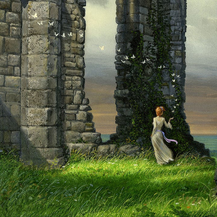 LEFT: Detail from AFTERNOON SHADOWS featuring a redheaded woman in a white dress standing in the ivy covered ruins of an abbey. She holds her hand palm up as if releasing a stream of butterflies that wind upwards in an S-shaped curve. RIGHT: Close detail from AFTERNOON SHADOWS featuring a woman in a white gown with a lavender sash tied at her waist. Her hair is red and short which contrasts the tall ruined wall of the abbey in front of her that is now overgrown with ivy. Through breaks in the wall we can see the calm sea but the sky over the horizon is gray with hints of orange. Above a thick cloud layer the sky is blue and bright, providing a different outlook depending on where you look. Her head is turned to the side level with the horizon as sunlight casts long shadows past her in the abbey.