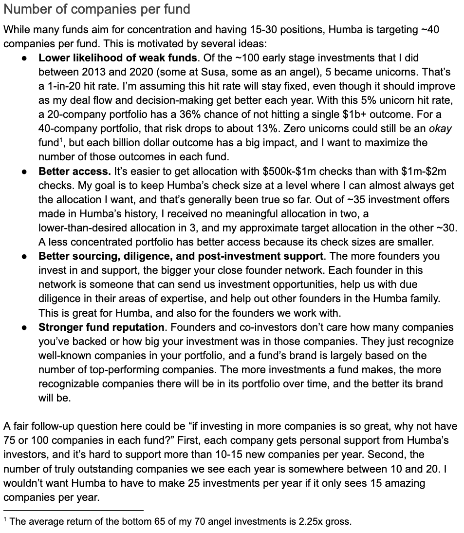 Screenshot of Leo Polovets' LP letter discussing the benefits of larger VC portfolios, highlighting how network effects and broader diversification create advantages that are often underestimated