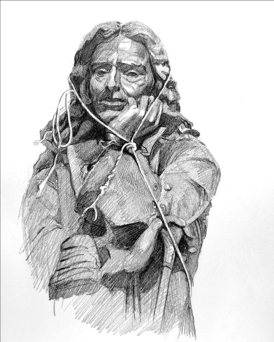 Drawing of the statue of slave trader Edward Colston, looking pensive, bound in rope. 