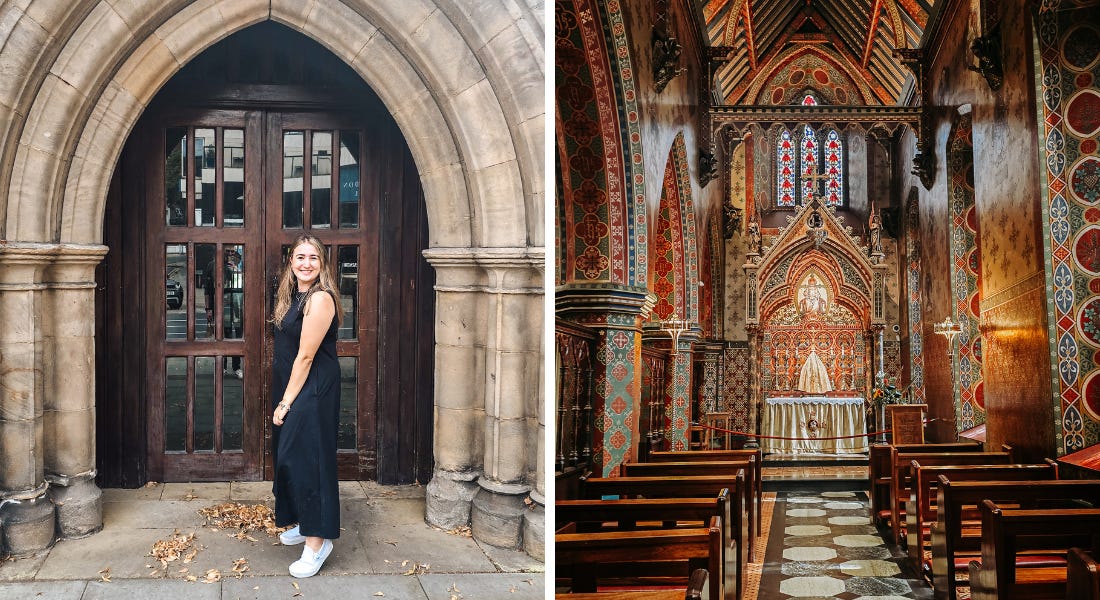 Two pictures - one of Eve Smallman wearing a black dress standing in front of a brown door and stone arch and one of a catholic chapel with wooden benches and green and red walls