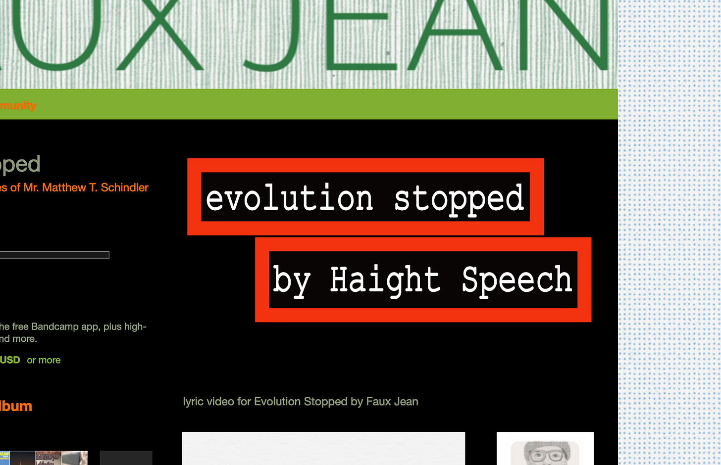 screen shot of Faux Jean's bandcamp page, showing the opening slate of the video