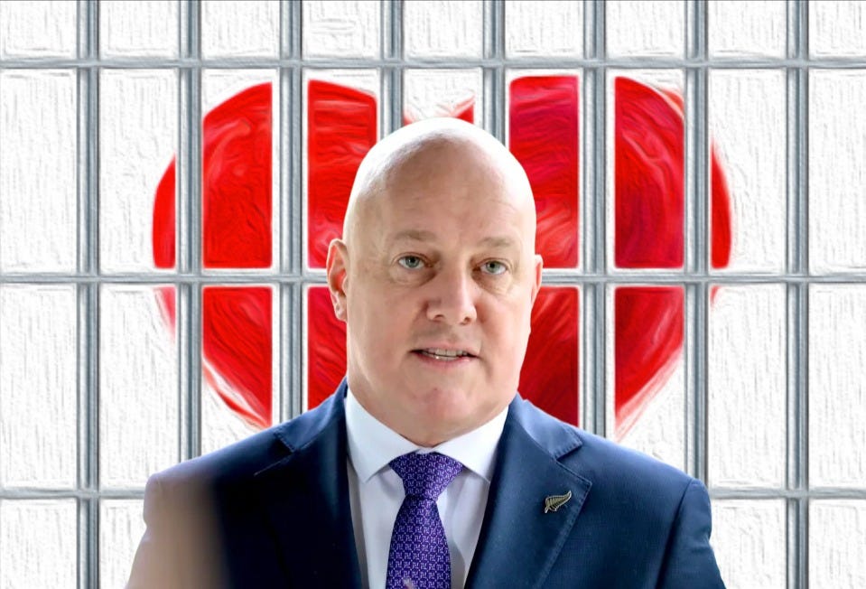 Christopher Luxon imposed over an image of a heart behind bars. Christopher Luxon imposed over an image of a heart behind bars.