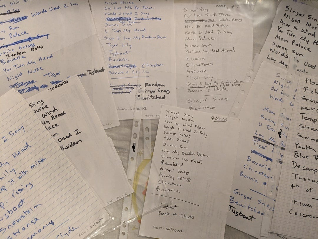 Some of the set-lists Dean sent to me