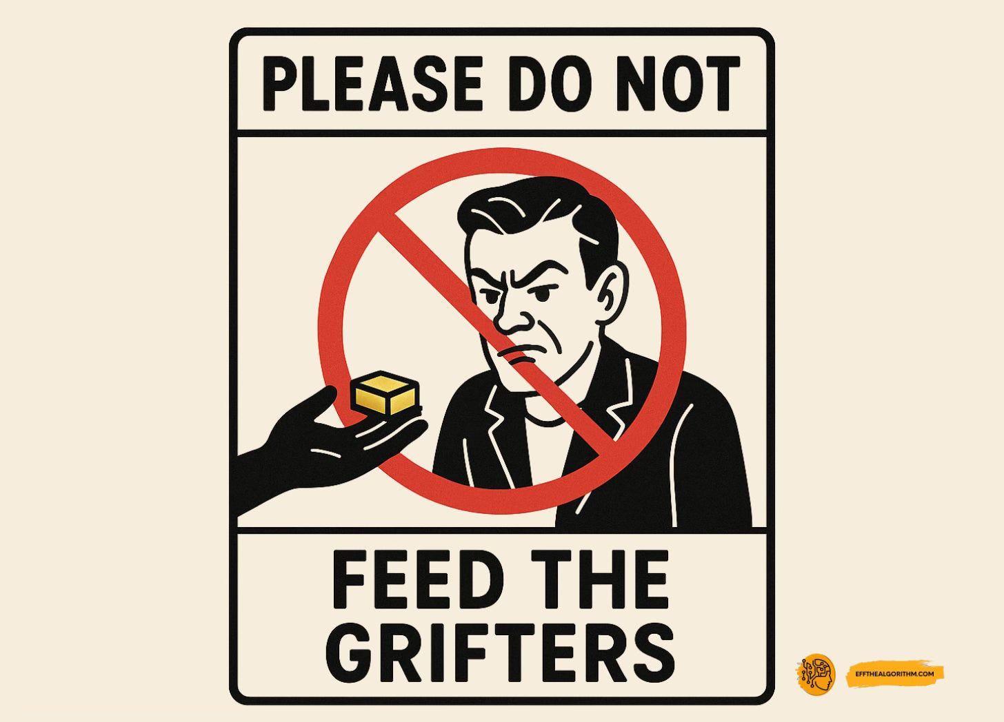 Illustration of a someone holding food out for a grifter. The text overlay reads: "Please do not feed the grifters."