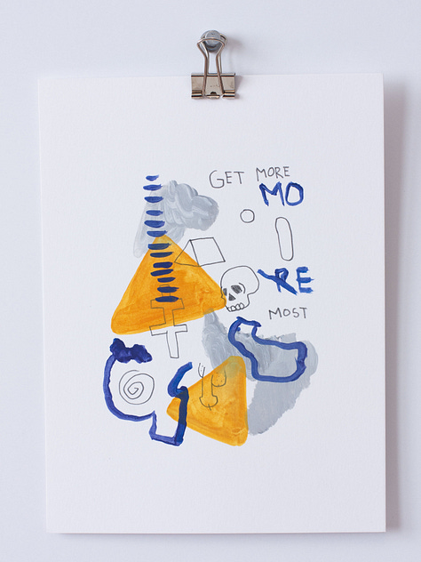 Six small paintings on paper in graphite, yellow, blue and gold.
