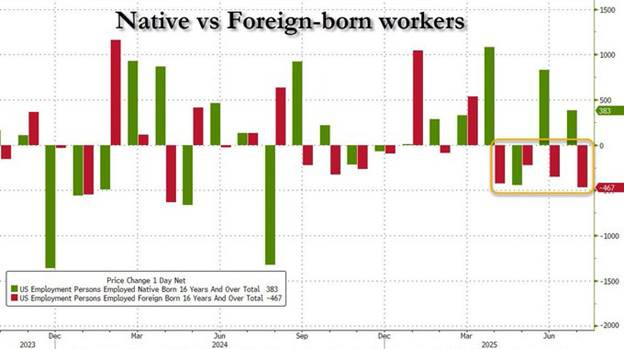 The image is a bar chart titled "Native vs Foreign-born workers," showing employment changes for U.S. workers aged 16 and over from March 2024 to July 2025. Green bars represent native-born workers, and red bars represent foreign-born workers, with values indicating percentage changes over 3 months and overall totals. The chart highlights a significant decline in foreign-born employment, down 1.5 million since April, and a rise in native-born employment by 383,000 in July, as noted in the zerohedge post. An orange box emphasizes data from 2025, aligning with the post\'s mention of a "jobs report" and "illegal alien labor purge." No platform watermarks are present.