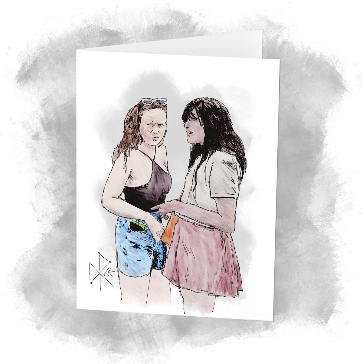 Two women talk about what they are looking at, trying to understand what they can about what they are seeing. Sketch art by Don Rice. Two women talk about what they are looking at, trying to understand what they can about what they are seeing. Sketch art by Don Rice.