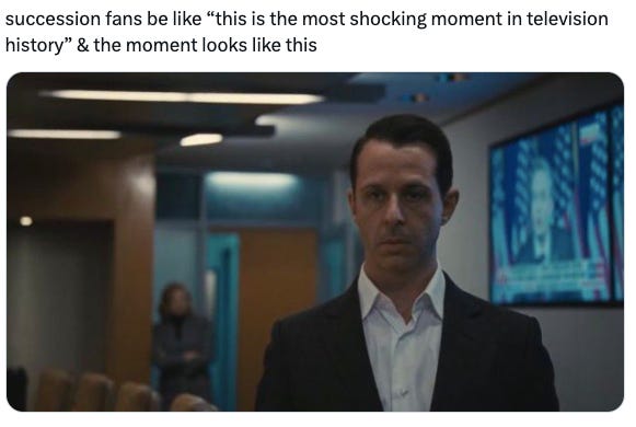 succession fans be like "this is the most shocking moment in television history" and the moment looks like this: uma foto de Kendall Roy com expressão absolutamente neutra, olhando para frente com olhar vazio