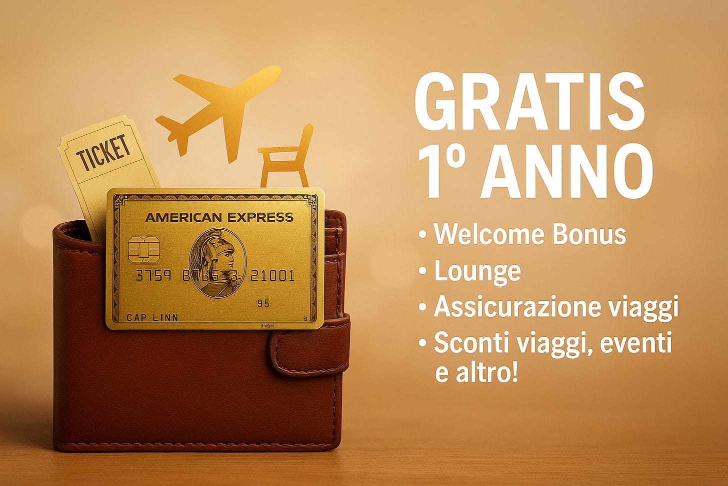 Illustrazione digitale di una carta di credito American Express Gold in evidenza, con un portafoglio accanto che mostra i principali benefici: welcome bonus, accesso gratuito a lounge aeroportuali, assicurazione viaggi inclusa e sconti su viaggi, eventi e altri acquisti. La parola GRATIS è ben visibile per sottolineare il primo anno senza canone.